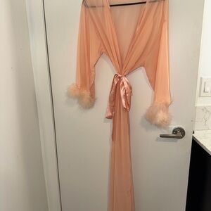 Fashion Nova Sheer Peach Tie-Front Robe with Feather Cuffs